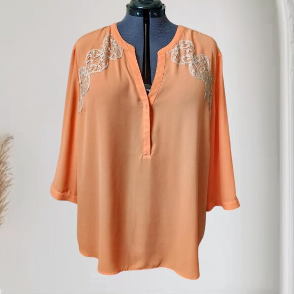 Chico's Orange V-Neck Blouse W/Embroidery Lace Accent Sz XXL/20 - Picture 2 of 9